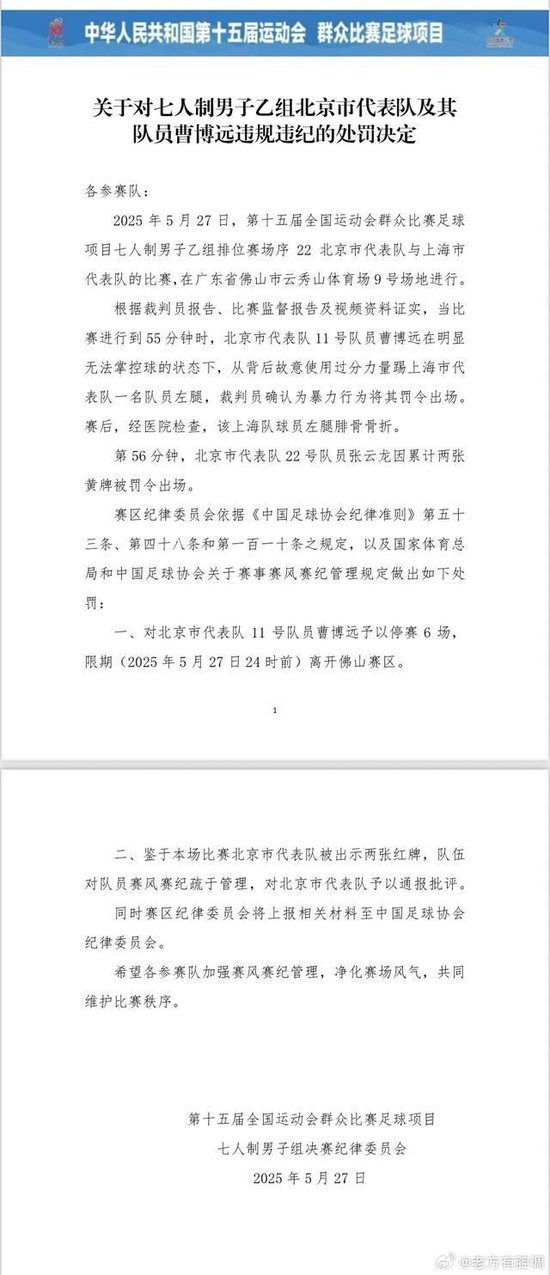 暴力犯规致对手腓骨骨折 曹博远停赛6场被逐出赛区