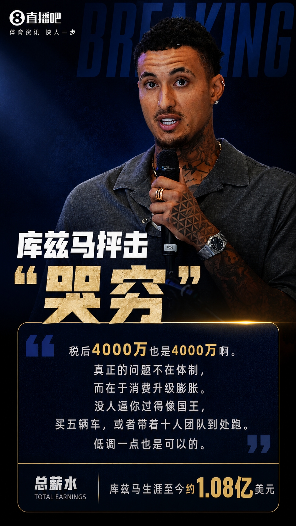 库兹马喷队友哭穷:税后4000万也是4000万,别把挥霍怪给体制 库兹马喷队友哭穷:税后4000万也是4000万,别把挥霍怪给体制